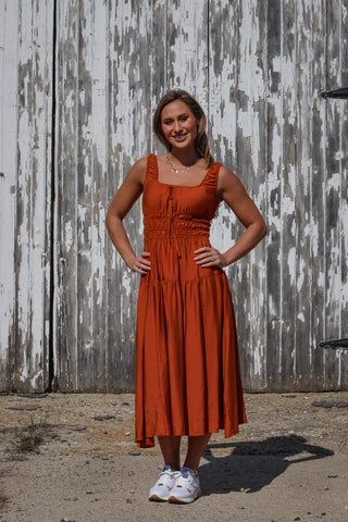 Satin Front Tie Shirred Waist Midi Dress