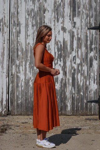 Satin Front Tie Shirred Waist Midi Dress
