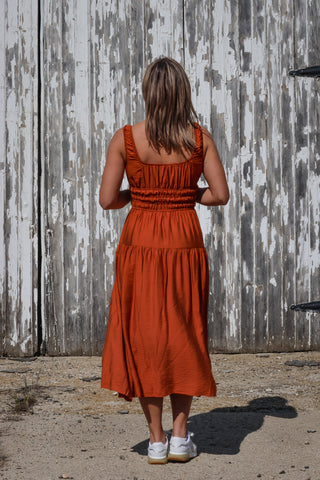 Satin Front Tie Shirred Waist Midi Dress