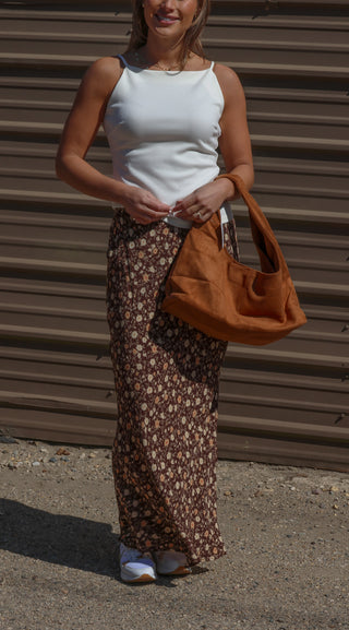 Brown Floral Slip-on Midi Skirt