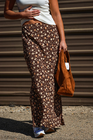 Brown Floral Slip-on Midi Skirt