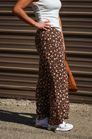 Brown Floral Slip-on Midi Skirt