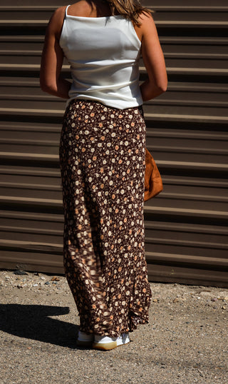 Brown Floral Slip-on Midi Skirt