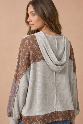Curvy Floral Color Block Bubble Sleeve Hoodie