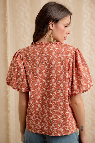 Rust Eyelet Puff Sleeve Embroidered Blouse
