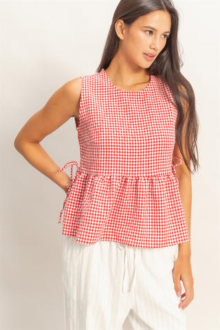 Gingham Sleeveless Peplum Top W/Side Ties