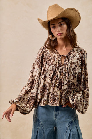 Printed Front Tied Top w/Balloon Sleeve