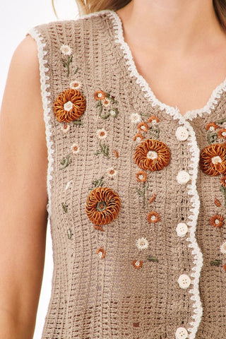 Floral Embroidery Crocheted Vest