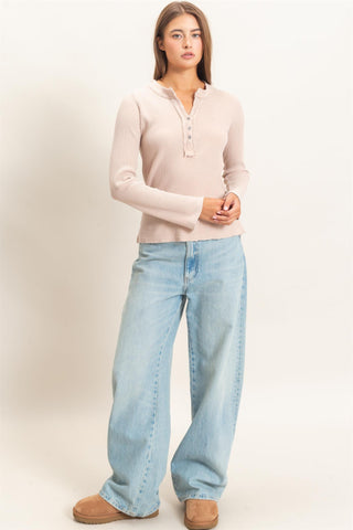 Mineral Wash Waffle Henley Long Sleeve Top