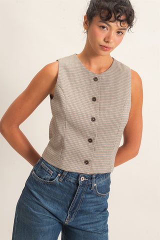 Brown Houndstooth Button-Front Vest