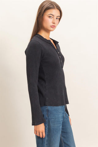 Mineral Wash Waffle Henley Long Sleeve Top