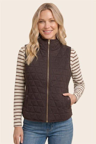 The Chocolate Quilted Puffer Vest with polar collar and gold zip front