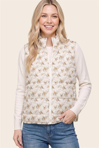 Ivory Floral Print Quilted Puffer Vest with zip front and side pockets