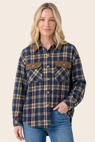 The Brushed Flannel Plaid Corduroy Shacket in navy