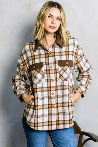 The Brushed Flannel Plaid Corduroy Shacket in taupe