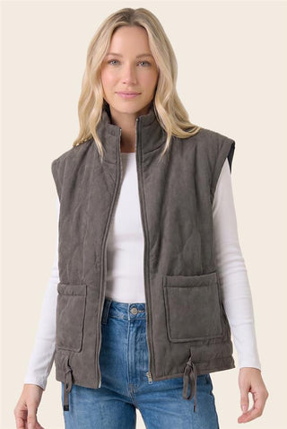 Quilted Mock Neck Zip-Up Puffer Vest in charcoal