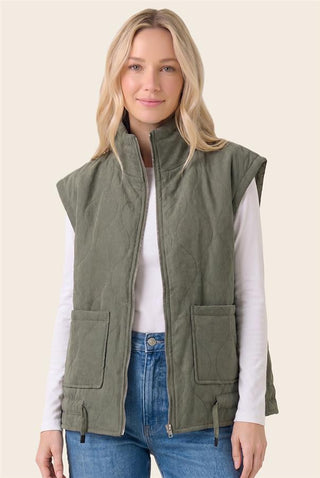 Quilted Mock Neck Zip-Up Puffer Vest in olive