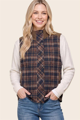 Navy Plaid Mock Neck Corduroy Trim Puffer Vest with snap button closure