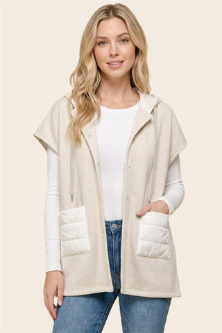 Ivory Satin Trim Snap Hoodie Vest with contrast quilted pockets