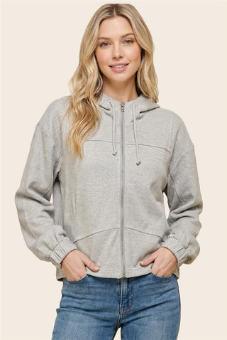 Light Grey Drawstring Zip-Up Hoodie Jacket with elastic cuffs