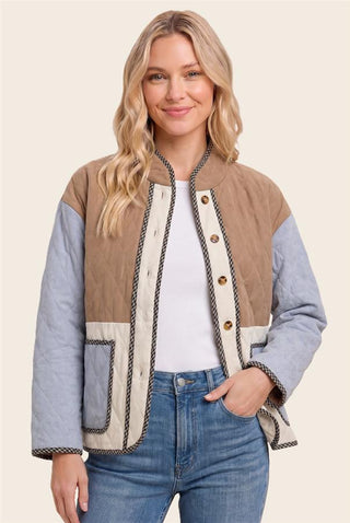 The Quilted Colorblock Long Sleeve Snap Jacket in taupe and blue