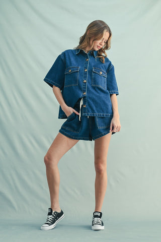Darling Denim Drawstring Shorts Set