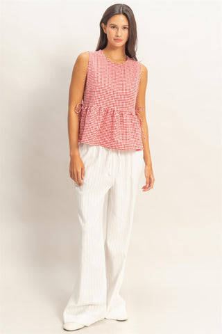 Gingham Sleeveless Peplum Top W/Side Ties