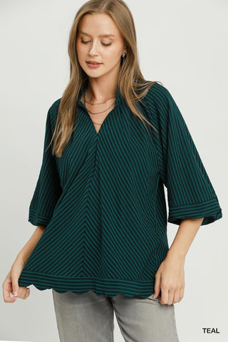 Teal Stripe Seersucker Scalloped Hem V-Slit Top