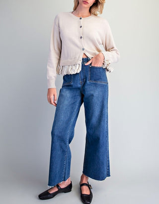 Frayed Hem Patch Pocket Wide Leg Denim Pants