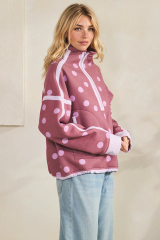 Polka Dot Contrast Half-Zip Pullover w/Pockets