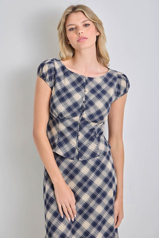 The Navy Plaid Matching Skirt Set - cap sleeve blouse