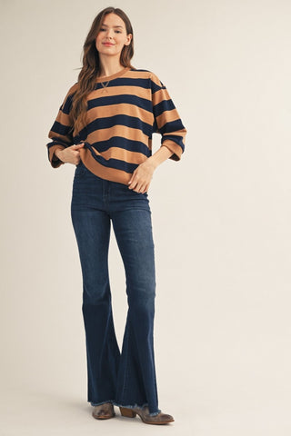 V-Notch Bold Stripe Drop Shoulder 3/4 Sleeve Top