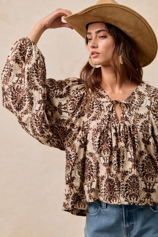 Printed Front Tied Top w/Balloon Sleeve
