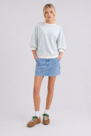 Striped Puff Sleeve Top with Lace Trim