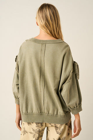 Light Olive Bow Appliqué Eyelet Lace Sweatshirt