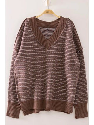 Chocolate Contrast Stitch V-Neck Sweater, view 2 | JQ Clothing Co.