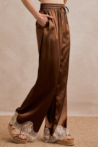 Lace Hem Satin Wide-Leg Pants
