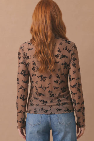 Velvet Flocking Floral Mesh Long Sleeve Top