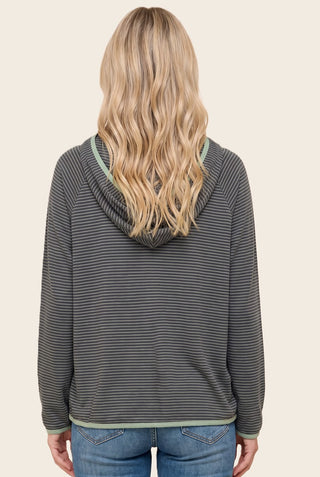 Color Trimmed Micro Brushed Striped Hoodie Top