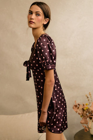 Satin Polka Dot Lace Trim Puff Sleeve Mini Dress