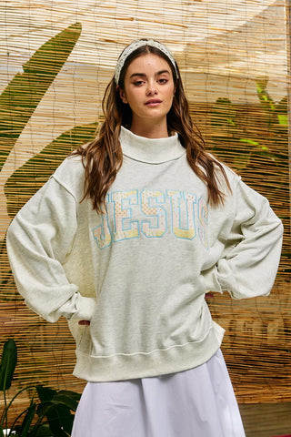Patchwork Embr "Jesus" Appl Sweatshirt