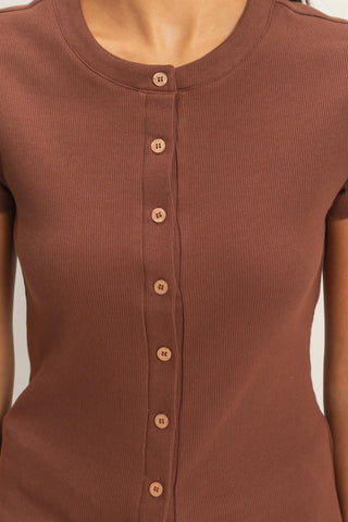 Ribbed Button-front Crew Neck Top