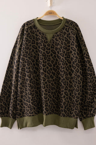 Olive Leopard Curvy Printed Crew Neck Sweatshirt
