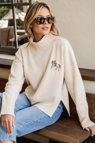 Oatmeal Horse Embroidered Mock Neck Sweater