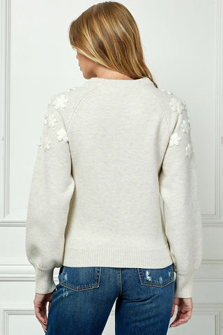 Floral Embr Sleeve Crew Neck Sweater