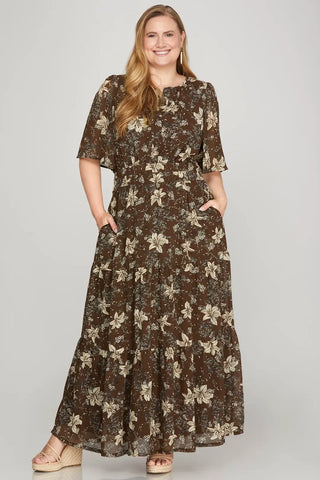 Plus Flutter Sleeve Floral Tiered Maxi Dress with Pockets