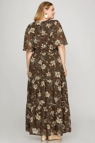 Plus Flutter Sleeve Floral Tiered Maxi Dress with Pockets