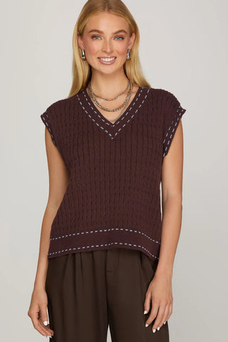 V-Neck Contrast Stitch Detail Knit Sweater Vest