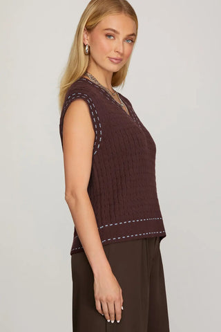V-Neck Contrast Stitch Detail Knit Sweater Vest
