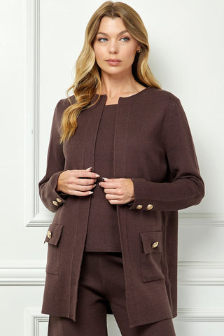 Gold-Button Accent Open-Front Cardigan
